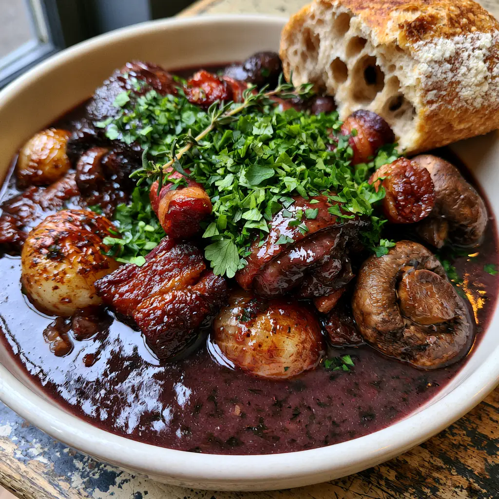 Traditional French Coq au Vin served with a torn crusty baguette on a bistro table.