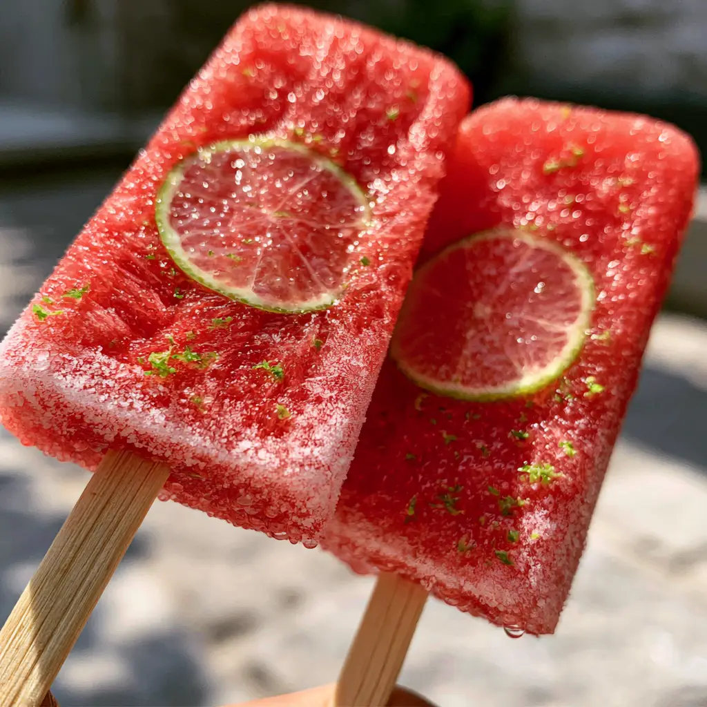 Watermelon Popsicles with Fresh Lime and Zest 1 A handheld photo of a watermelon popsicle with a translucent lime wheel in the center under golden hour sunlight.