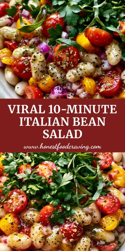 A vibrant Italian Bean Salad featuring creamy cannellini beans, halved cherry tomatoes, and yellow peppers in a white ceramic bowl.