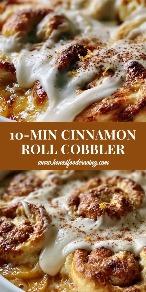 A stack of peach cobbler cinnamon rolls with bubbling peach syrup and thick white glaze in a white ceramic dish.