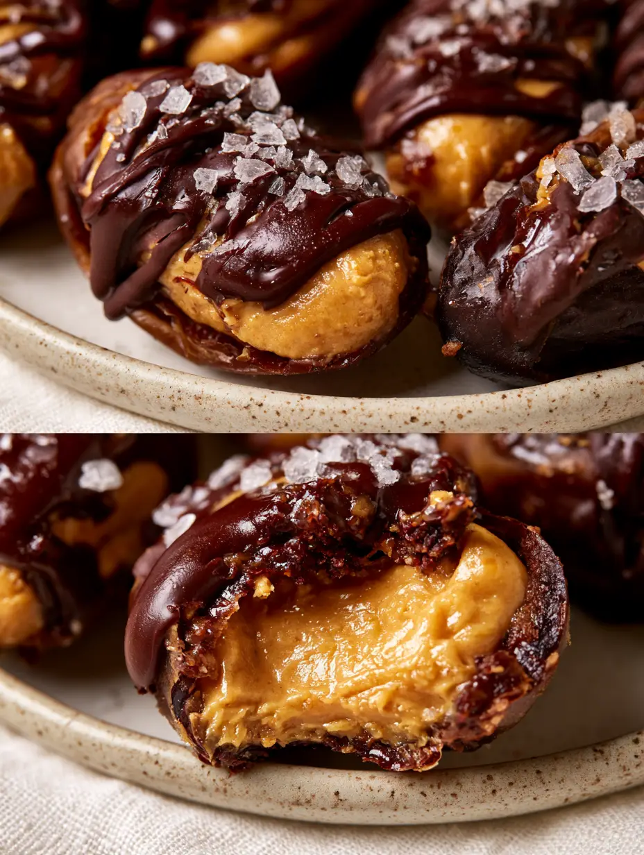 3-ingredient snacks: Easy Chocolate Peanut Butter Stuffed Medjool Dates 3 A flat lay of Medjool dates stuffed with peanut butter and drizzled with dark chocolate on a ceramic plate. (3-ingredient snacks)