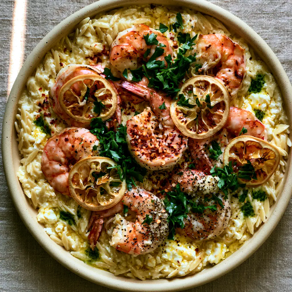 High-angle shot of a Mediterranean shrimp and orzo dish with charred lemon slices and red pepper flakes. (Lemon Feta Orzo Shrimp)