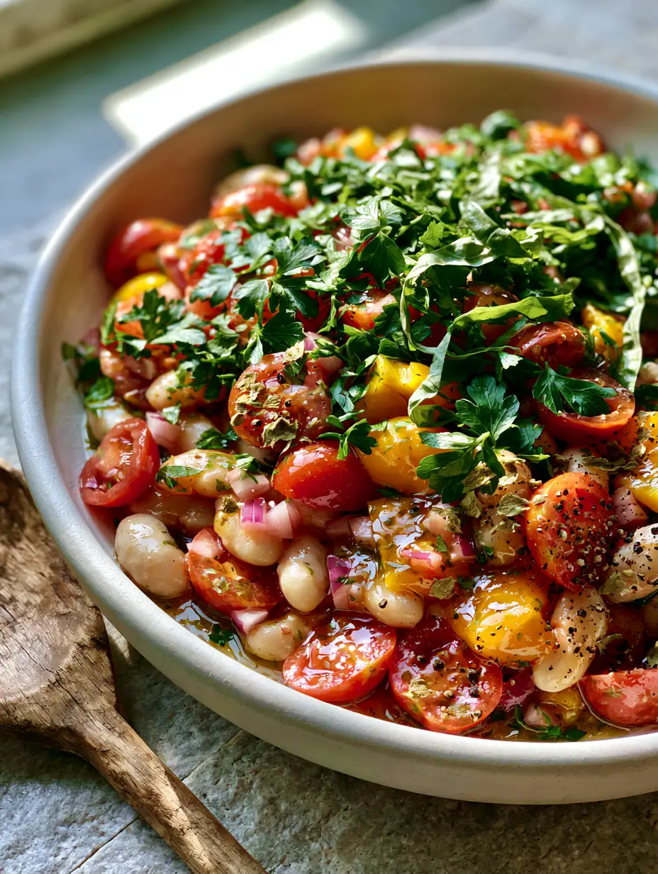 Top-down view of an Italian Bean Salad showing creamy beans, red tomatoes, and shimmering herb dressing in a matte white bowl.
