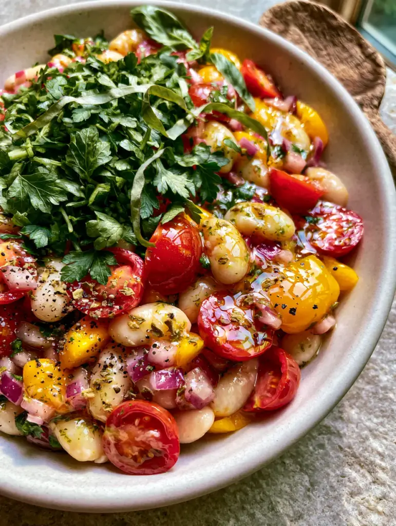 Close up of Italian Bean Salad with fresh basil chiffonade and cracked black pepper highlights.