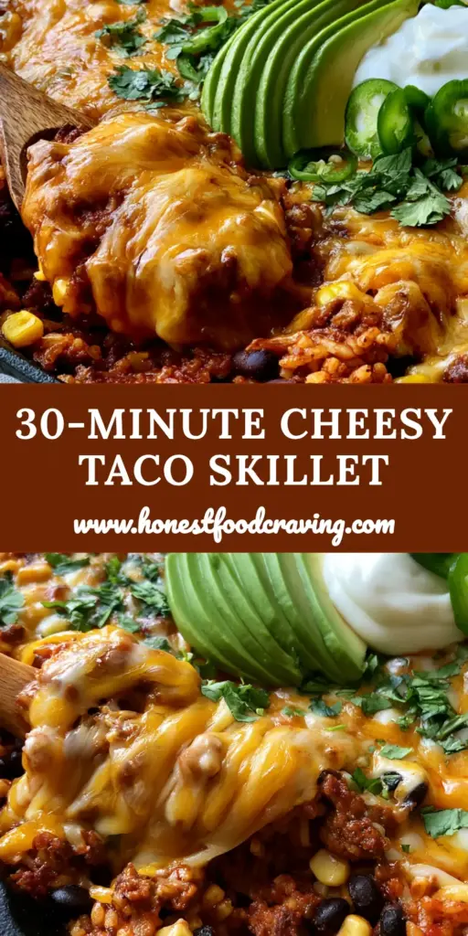 Cheesy Taco Rice Skillet: The Ultimate 30-Minute One-Pan Dinner 4 A sizzling cast iron skillet filled with cheesy taco rice, topped with fanned avocado, a dollop of sour cream, and fresh jalapenos. (Cheesy Taco Rice Skillet)