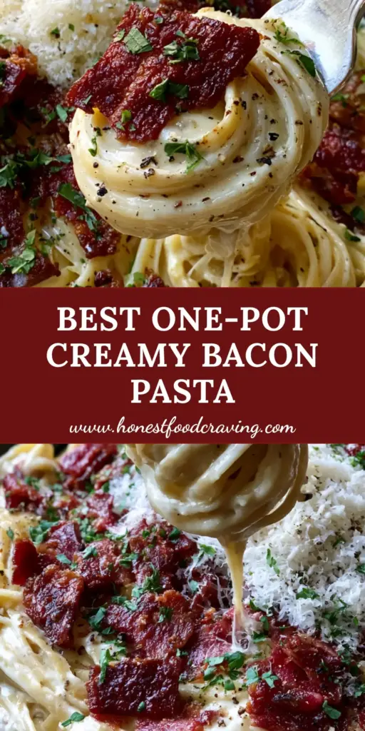 A handheld smartphone photo of Creamy Bacon Pasta in a cast iron skillet with deep-red bacon chunks and fluffy parmesan.
