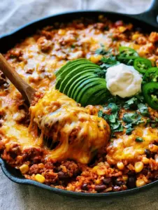 Close-up of a wooden spoon lifting a portion of Cheesy Taco Rice Skillet showing a dramatic cheese pull and fluffy red rice. (Cheesy Taco Rice Skillet)