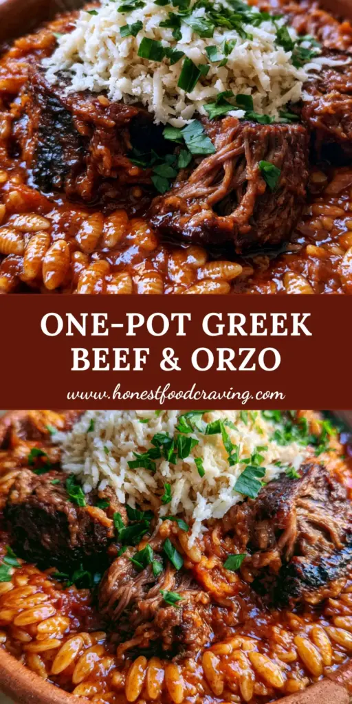 Giouvetsi: The Ultimate Authentic Greek Braised Beef and Orzo Recipe 4 Close-up of authentic Greek giouvetsi in a terracotta dish with seared beef, orzo, and grated kefalotyri cheese.