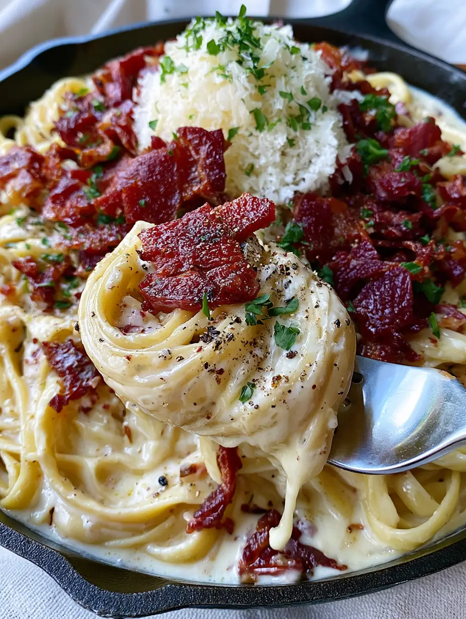 Close-up of fettuccine noodles being lifted with a silver fork, showing dripping ivory-colored sauce and crispy bacon. (Creamy Bacon Pasta)