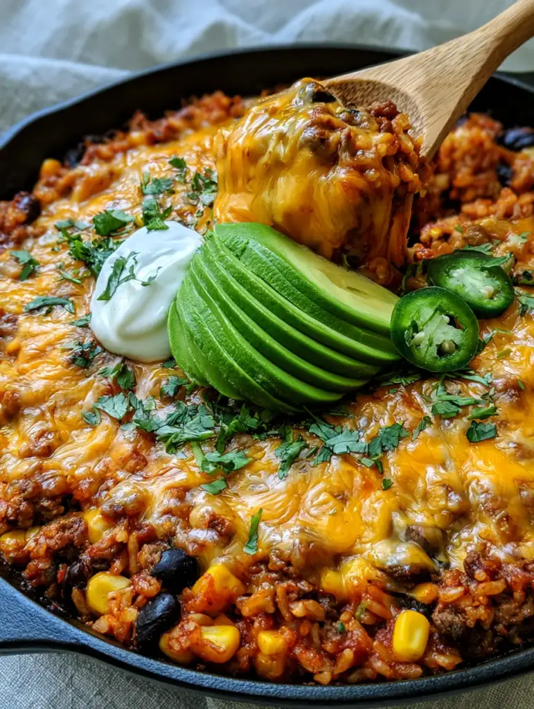 Cheesy Taco Rice Skillet: The Ultimate 30-Minute One-Pan Dinner 1 Overhead view of a matte black skillet featuring seared beef, black beans, corn, and bubbling cheese edges. (Cheesy Taco Rice Skillet)