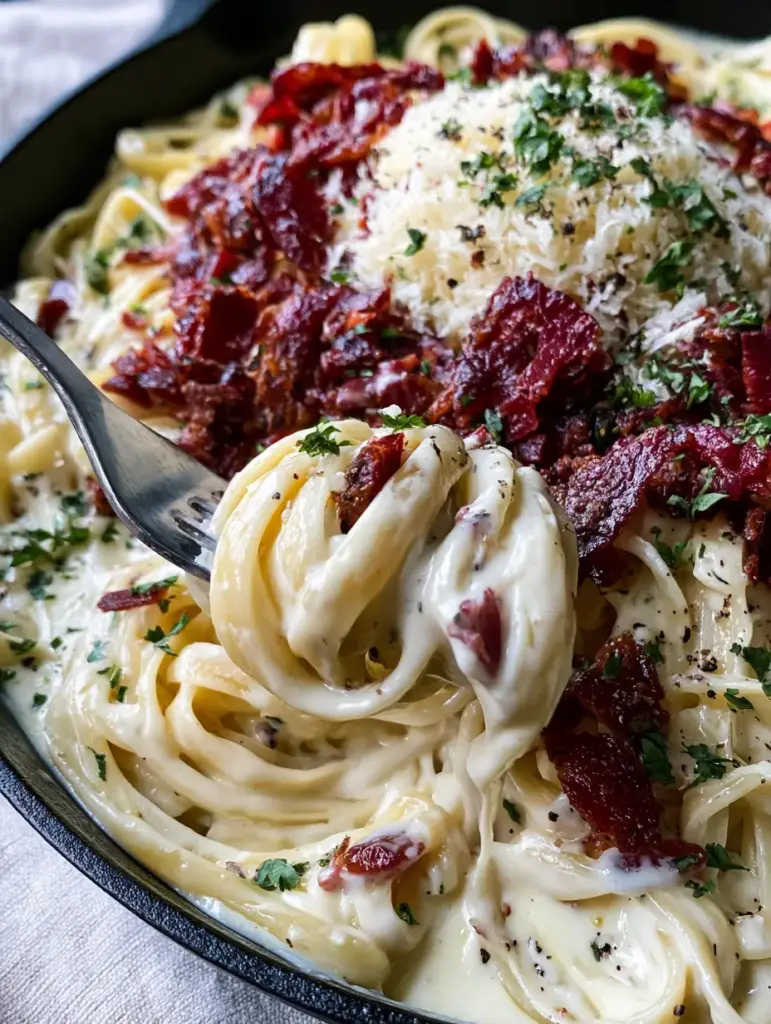 Rustic black cast iron skillet filled with Creamy Bacon Pasta, topped with jagged deep-red bacon and green parsley.