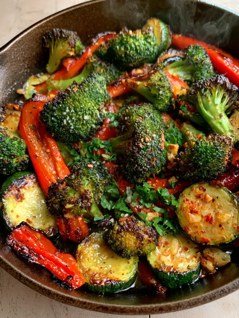 Sautéed Vegetables in Garlic Butter: The Ultimate Cast Iron Method 2 Close-up of sautéed vegetables showing charred broccoli edges and golden zucchini coins in a seasoned skillet.