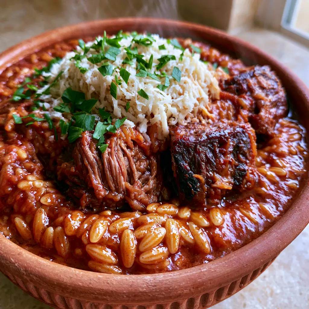 Giouvetsi: The Ultimate Authentic Greek Braised Beef and Orzo Recipe 2 High-angle view of braised beef chunks with caramelized edges in a red sauce (giouvetsi).