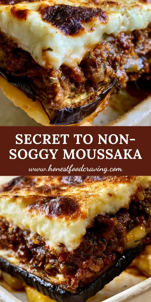 A thick, square slice of traditional Eggplant Moussaka with a 2-inch bechamel layer and charred eggplant edges.