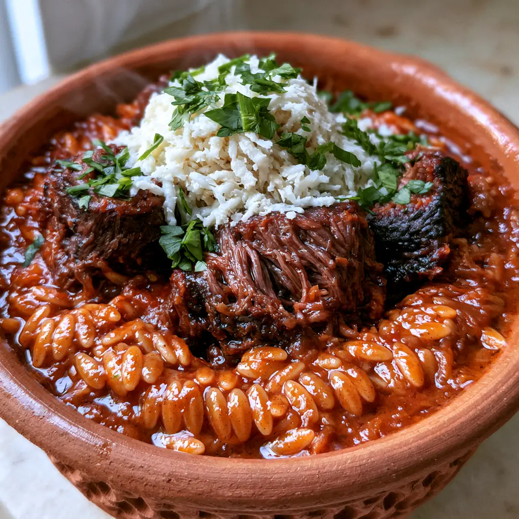 Giouvetsi: The Ultimate Authentic Greek Braised Beef and Orzo Recipe 1 Traditional Greek giouvetsi served in a clay pot with a mountain of white cheese and parsley.