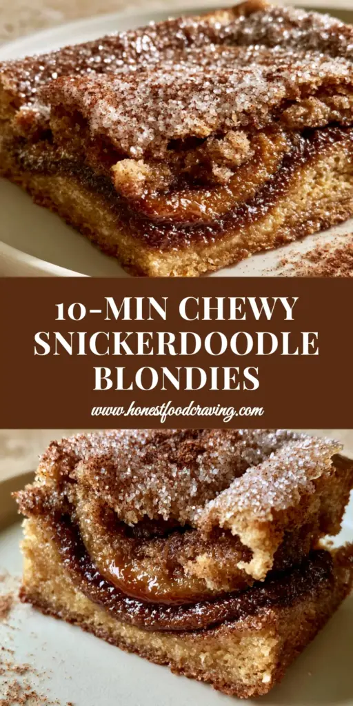 A stack of Cinnamon Swirl Snickerdoodle Blondies showing the thick dark amber cinnamon swirl and the shiny crackly top dusted with sugar.