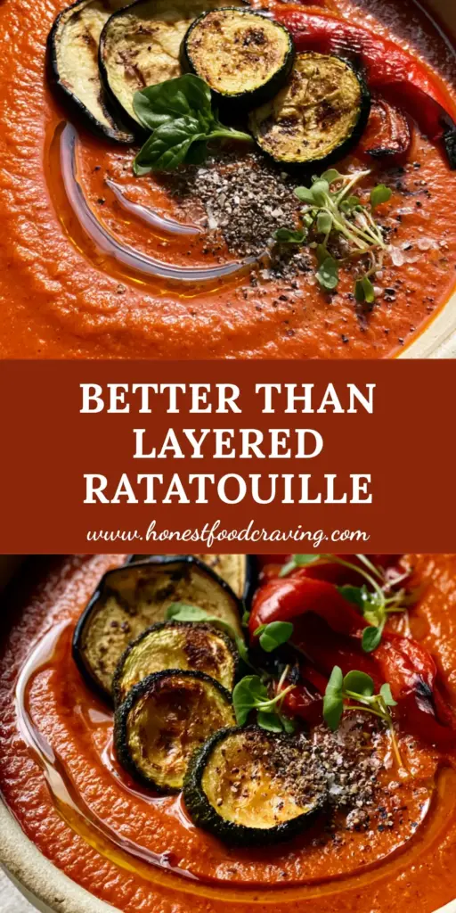 A rustic bowl of thick deep-orange ratatouille soup topped with charred eggplant, caramelized zucchini, and fresh basil. (ratatouille soup)