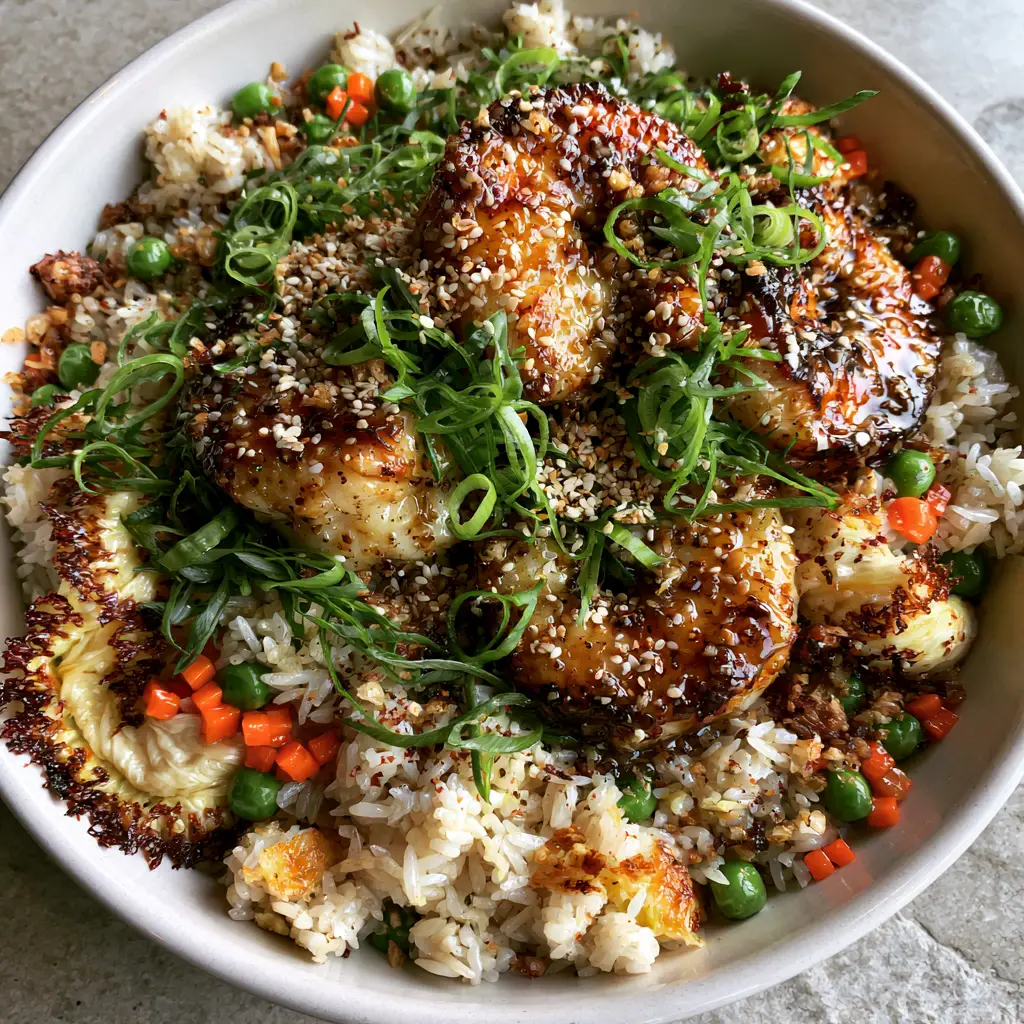 Shrimp Fried Rice Recipe with Garlic Butter and Golden Toasted Jasmine Rice 2 Close up of seared tiger shrimp with golden char marks on a bed of toasted jasmine rice. (Shrimp Fried Rice Recipe)