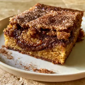 Macro close-up of a Cinnamon Swirl Snickerdoodle Blondie being pulled apart to reveal a gooey, underbaked center and a dense brown butter base.
