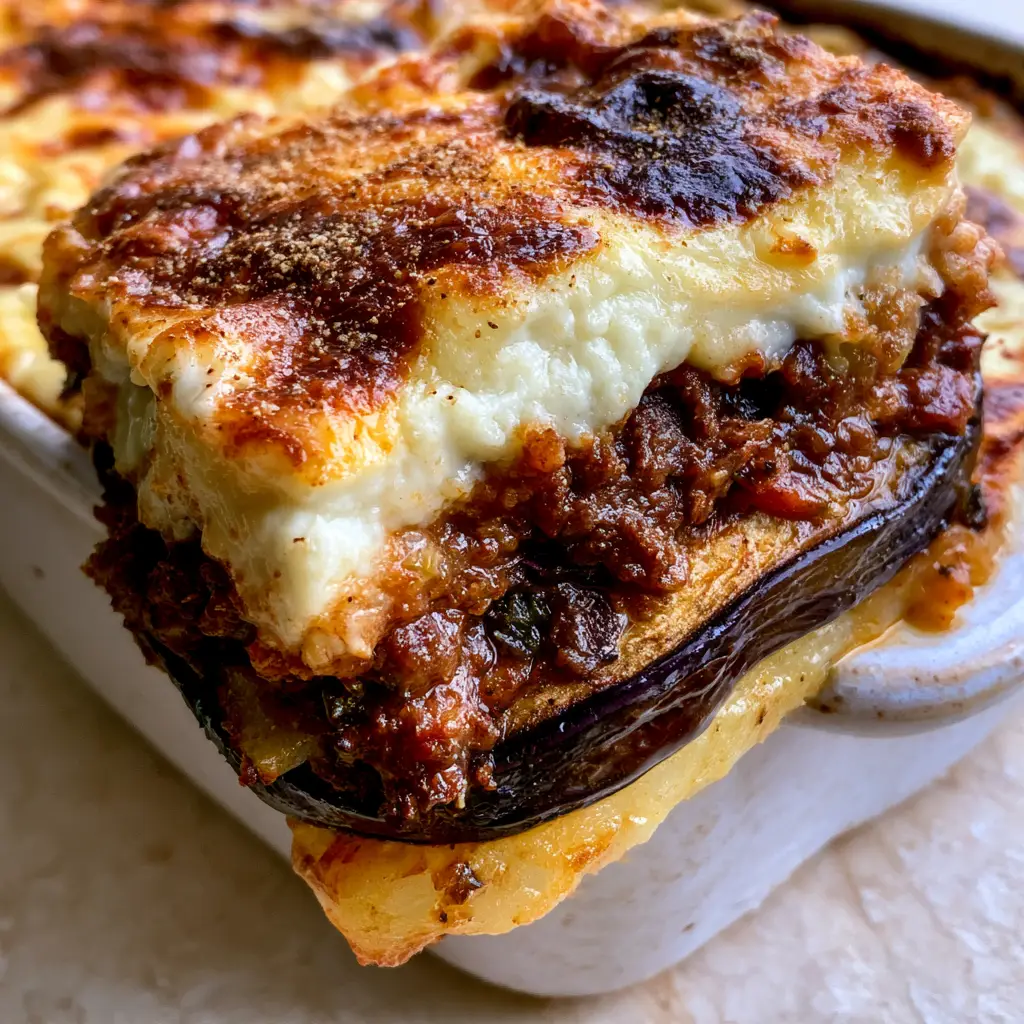 Side view of Eggplant Moussaka layers including golden potatoes, charred eggplant, and dark meat sauce.