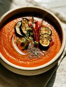 Close-up of a vibrant orange ratatouille soup in a cream stoneware bowl with steam rising. (ratatouille soup)