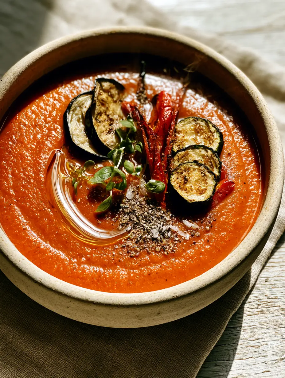 Close-up of a vibrant orange ratatouille soup in a cream stoneware bowl with steam rising. (ratatouille soup)