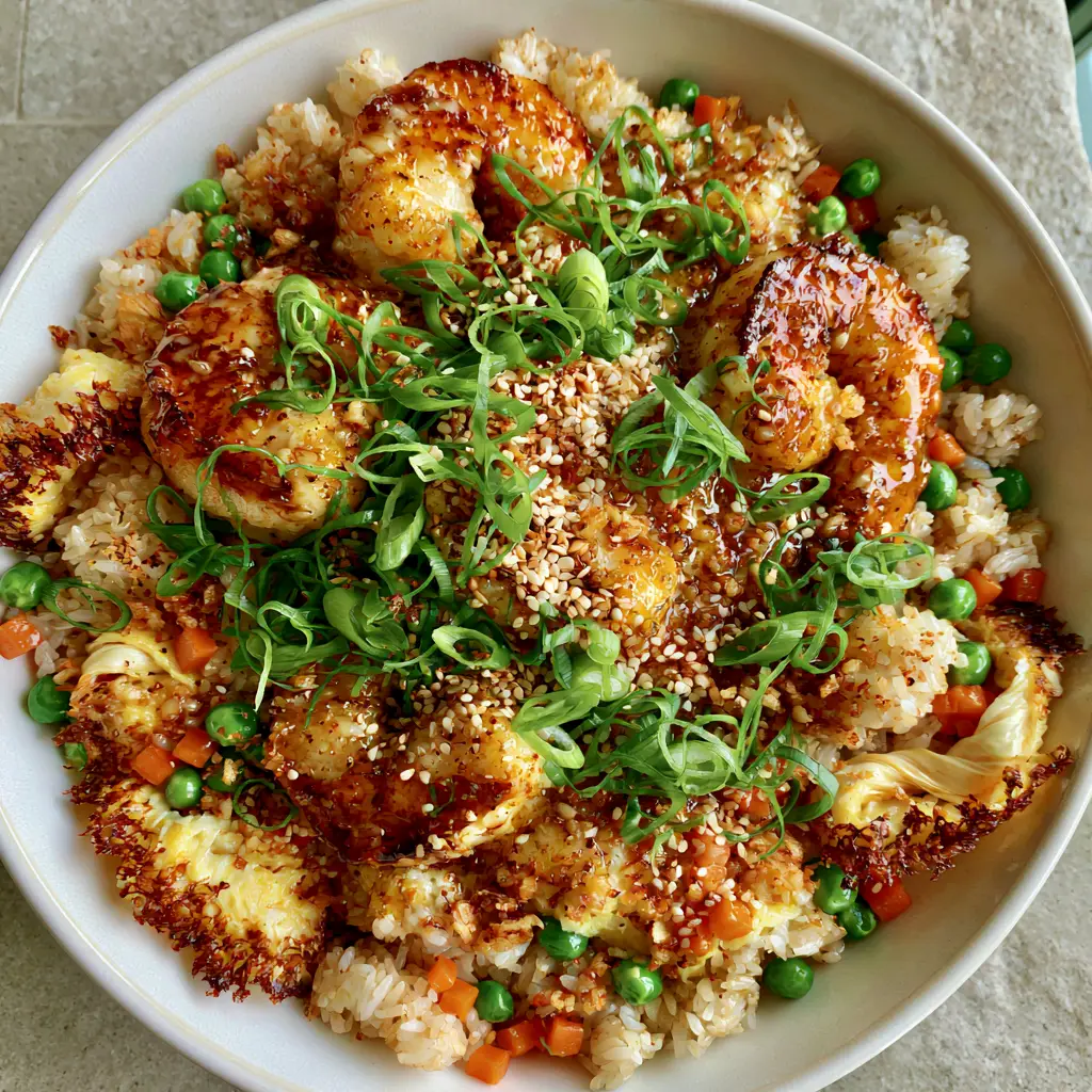 Shrimp Fried Rice Recipe with Garlic Butter and Golden Toasted Jasmine Rice 1 A shallow white ceramic bowl filled with garlic butter shrimp fried rice, showing scallions and sesame seeds. (Shrimp Fried Rice Recipe)