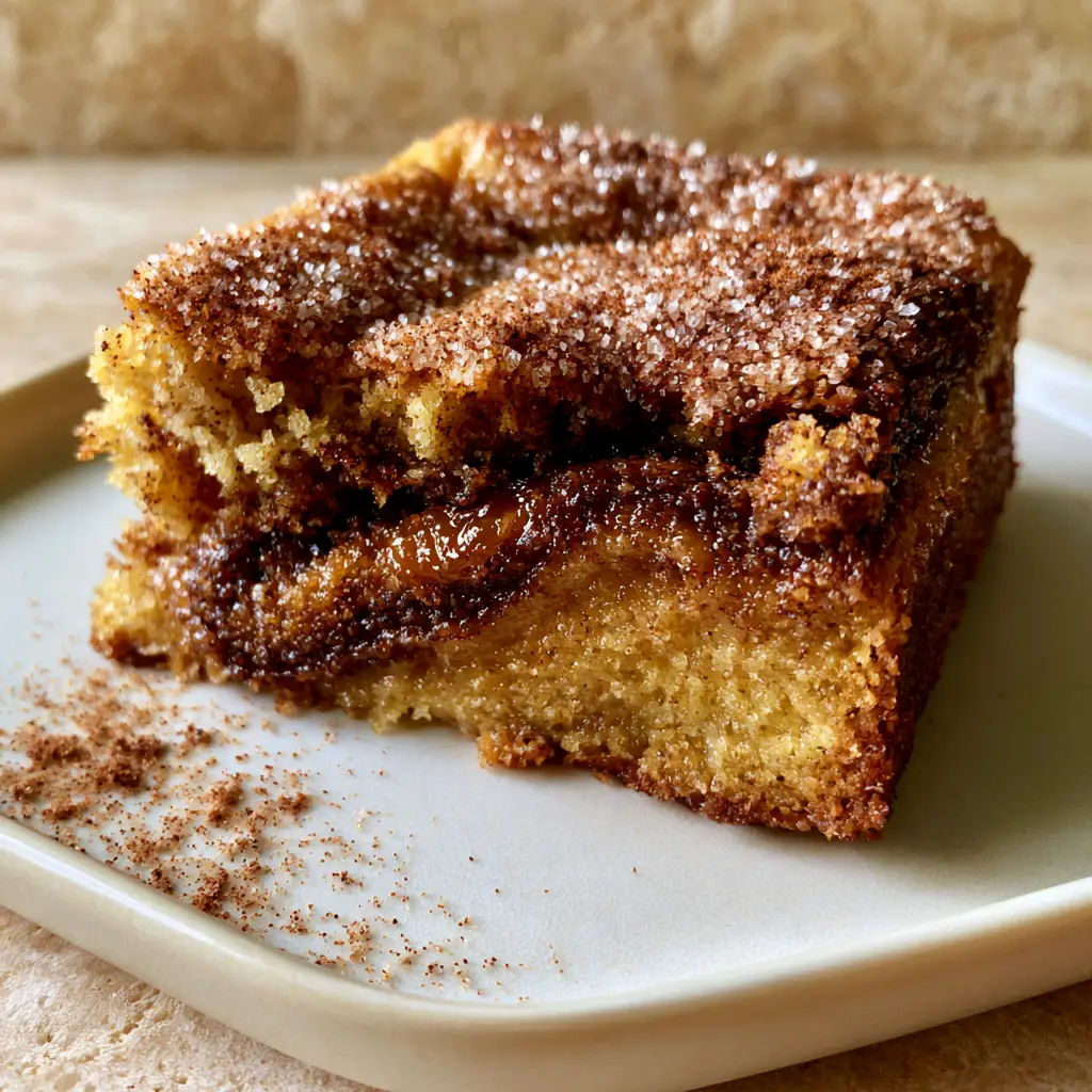 Top-down view of the shiny paper-thin crackly top of Cinnamon Swirl Snickerdoodle Blondies featuring ground cinnamon crystals and sparkling sugar.