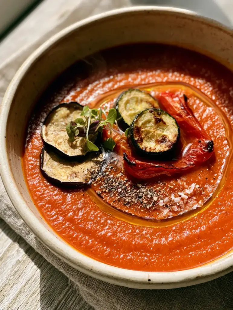 Top-down view of ratatouille soup featuring charred eggplant discs and golden zucchini rounds.