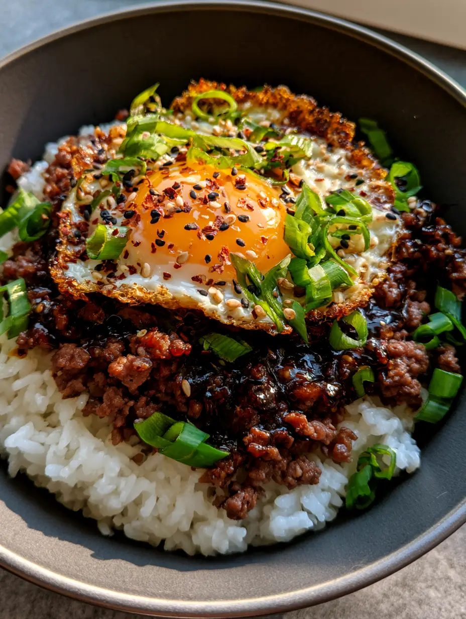 A high-angle photo of a Korean beef bowl with steaming jasmine rice, seared beef crumbles, and a lacy fried egg in a charcoal ceramic bowl. (Korean beef bowl)