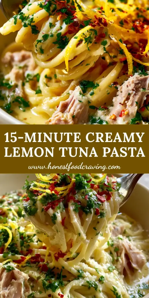 A close-up of a fork lifting a twirl of Tuna Pasta with glossy lemon cream sauce, tuna flakes, and parsley in a neutral ceramic bowl.
