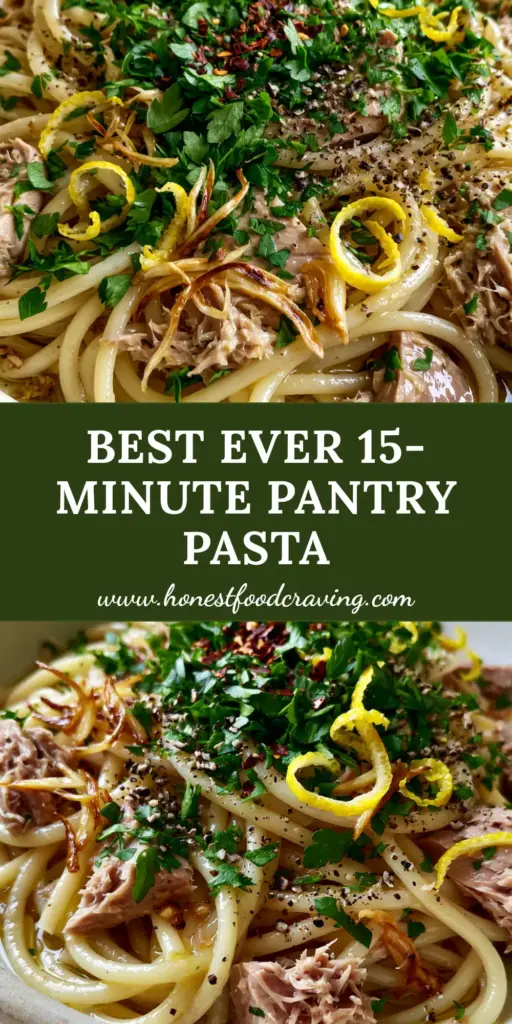 Canned Tuna Pasta with Lemon, Garlic, and Glossy Olive Oil 4 A shallow ceramic bowl of glossy canned tuna pasta with golden garlic, lemon zest, and parsley. (canned tuna pasta)