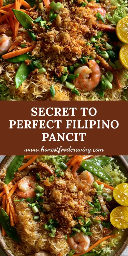 A rustic shallow bowl of Filipino Pancit with glistening rice noodles, seared shrimp, pork, julienned carrots, snap peas, and a mountain of fried garlic. (Filipino Pancit)