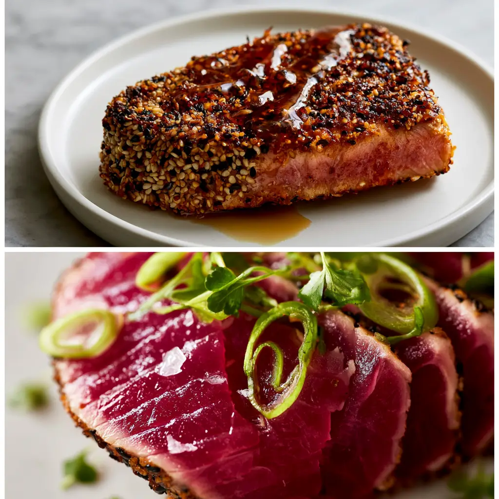Tuna Steaks with a Toasted Sesame Crust and Glossy Ginger-Soy Glaze 2 A split-view showing a whole sesame-crusted Ahi Tuna steak on the top and a macro close-up of the sliced magenta interior on the bottom. (Tuna Steaks)