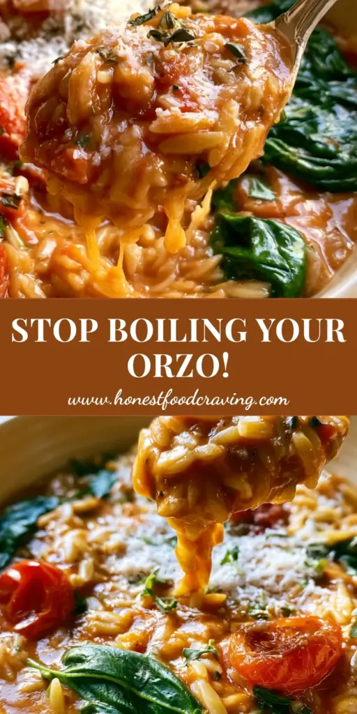 A luxurious bowl of creamy spinach and tomato orzo topped with blistered cherry tomatoes and micro-basil. (spinach and tomato orzo)