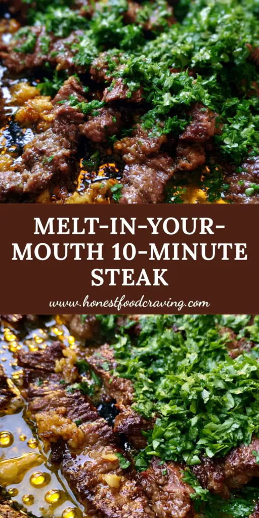 Overhead close-up of thinly sliced ribeye steak recipes in a cast iron skillet with melted garlic butter and fresh parsley.