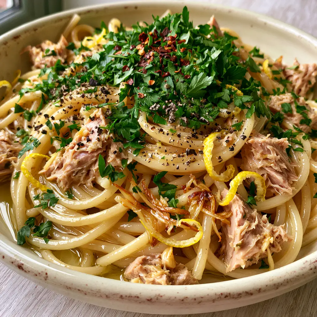 Canned Tuna Pasta with Lemon, Garlic, and Glossy Olive Oil 2 Extreme close-up of glossy spaghetti coated in lemon-garlic olive oil with moist tuna flakes. (canned tuna pasta)