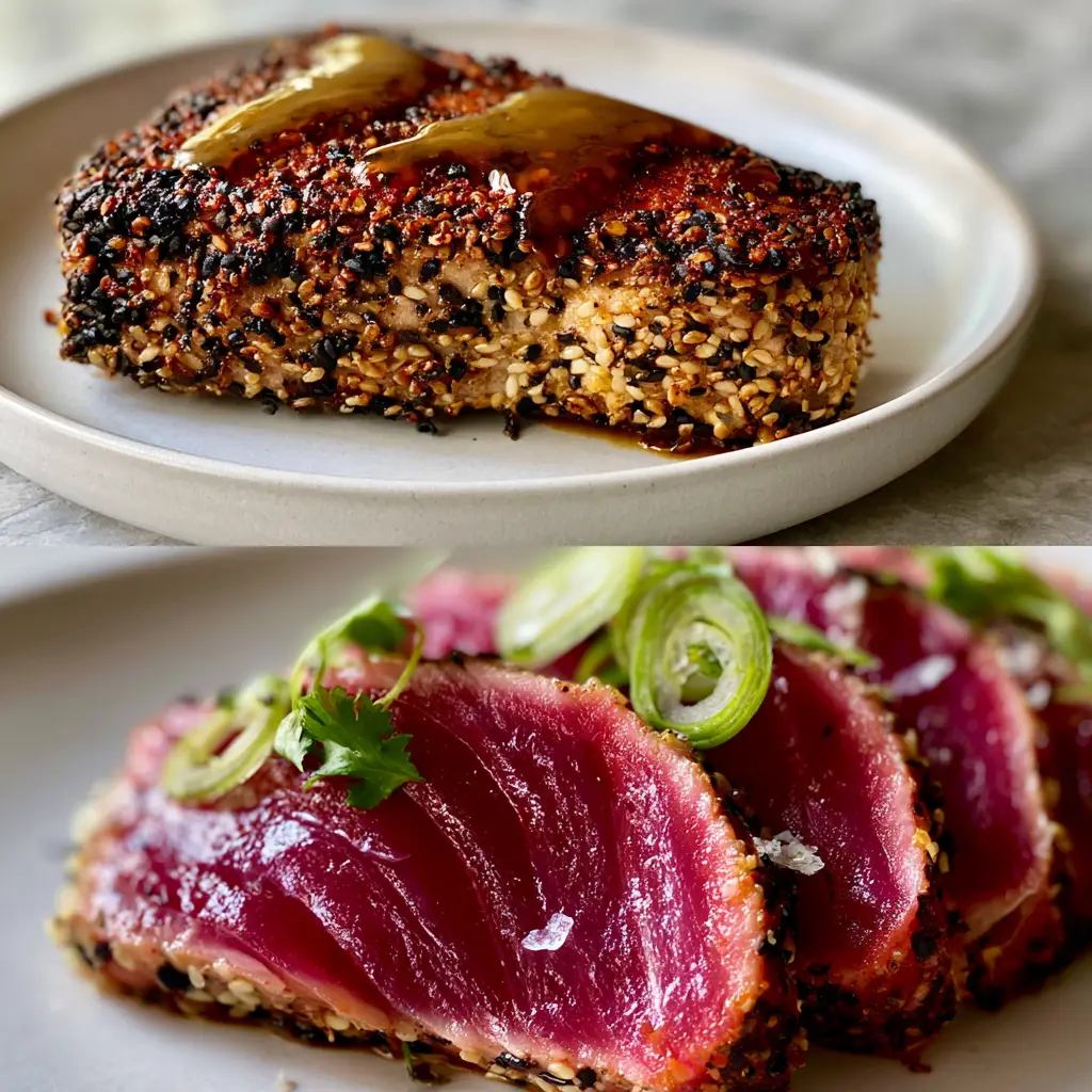 Tuna Steaks with a Toasted Sesame Crust and Glossy Ginger-Soy Glaze 1 Close-up of thick ribbons of seared Tuna Steaks revealing the vibrant pink interior and glossy ginger-soy drizzle.