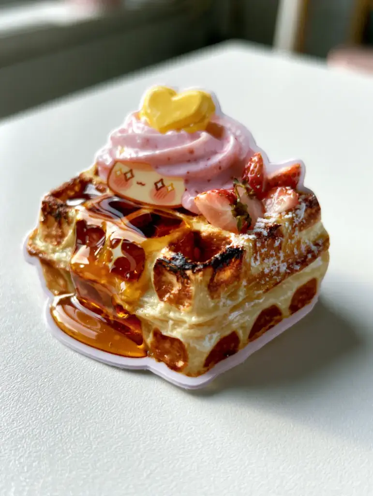 Kawaii Waffles Clipart: How to Create the Ultimate Crispy Belgian Breakfast 1 Close up of a kawaii waffle sticker with pastel pink whipped cream and realistic strawberry slices.