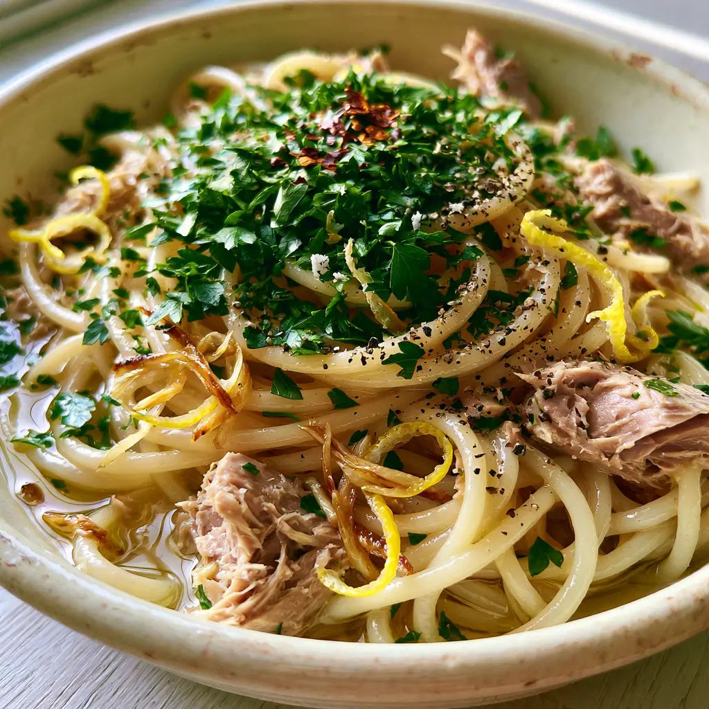 Canned Tuna Pasta with Lemon, Garlic, and Glossy Olive Oil 1 Rustic cream-colored bowl of canned tuna pasta on a light wooden table with golden garlic slivers.