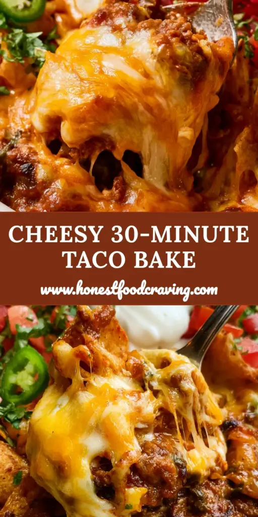 A large messy scoop of taco casserole lifted with a silver spoon showing a stretchy cheese pull. (taco casserole recipe)