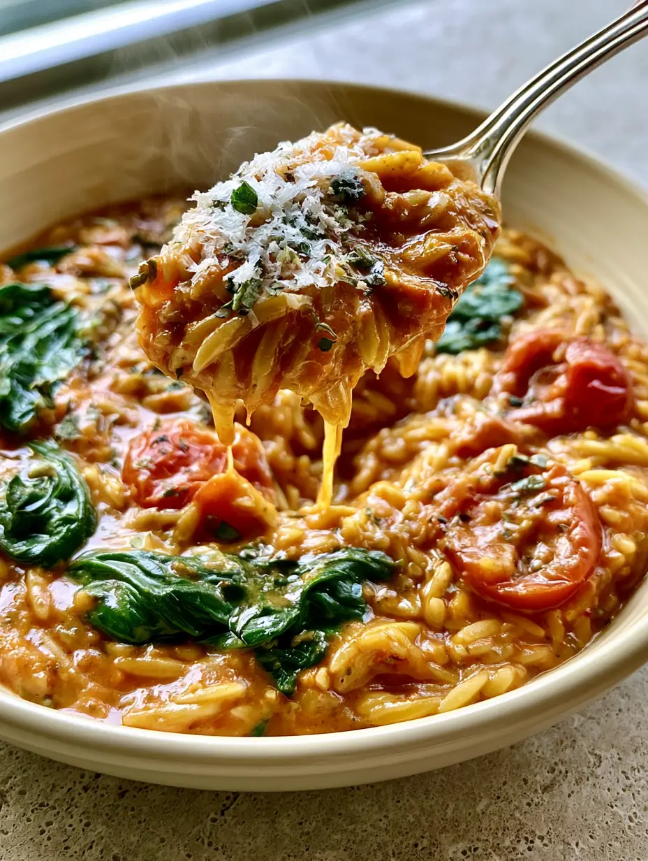 A close-up shot of a spoon lifting a portion of velvety spinach and tomato orzo with steam rising. (spinach and tomato orzo)