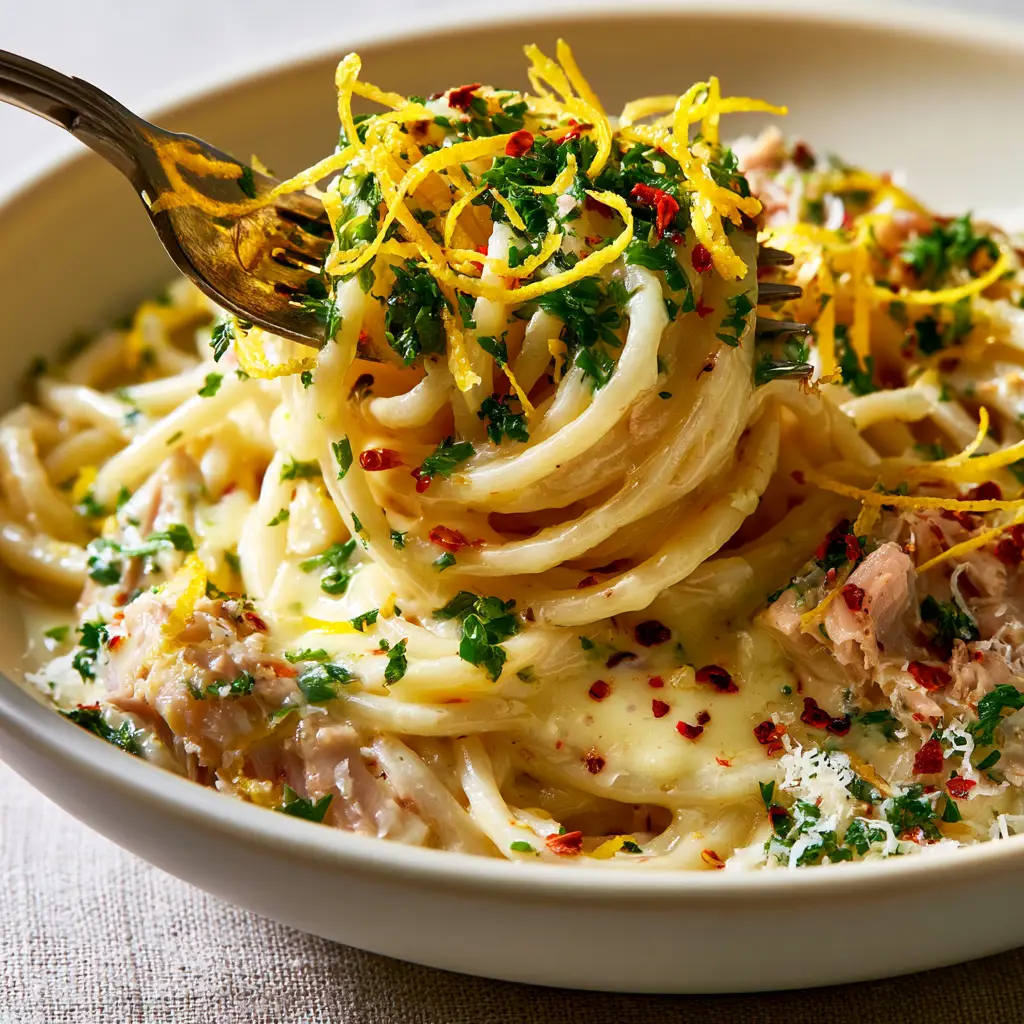 Macro shot of Tuna Pasta with vibrant yellow lemon zest curls, red chili flakes, and melting parmesan cheese.