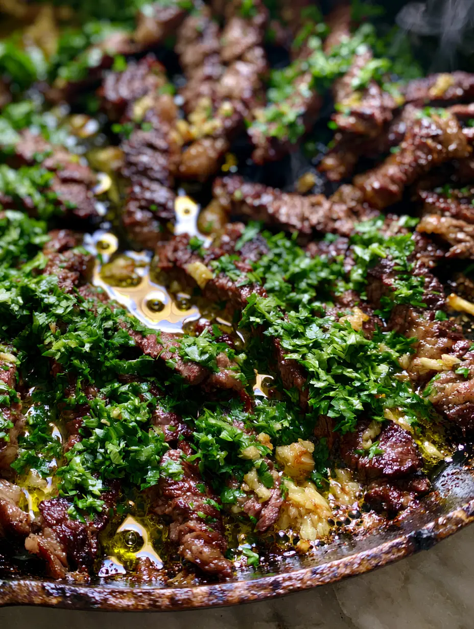 Extreme close-up of seared ribeye steak strips with mahogany edges and shimmering garlic butter. (thinly sliced ribeye steak recipes)