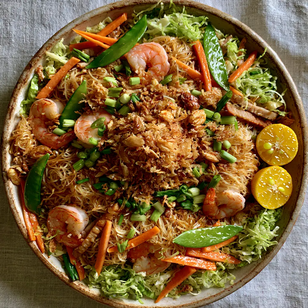 Close up of fried garlic bits and sliced green scallions on top of a Filipino Pancit noodle dish.