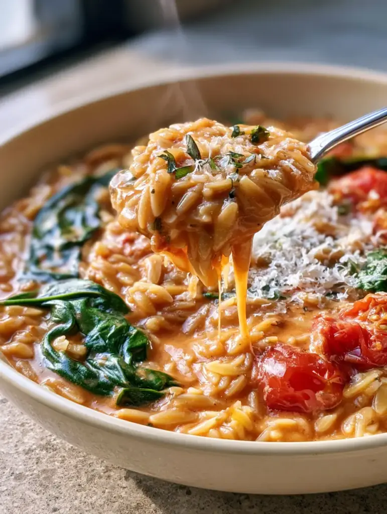 A shallow ceramic bowl filled with plump orzo, wilted spinach, and burst tomatoes. (spinach and tomato orzo)