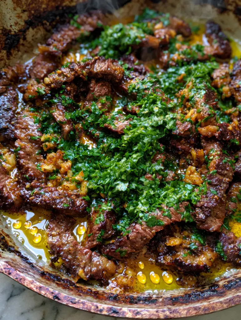 Juicy ribeye steak strips in a skillet with sautéed garlic bits and parsley. (thinly sliced ribeye steak recipes)