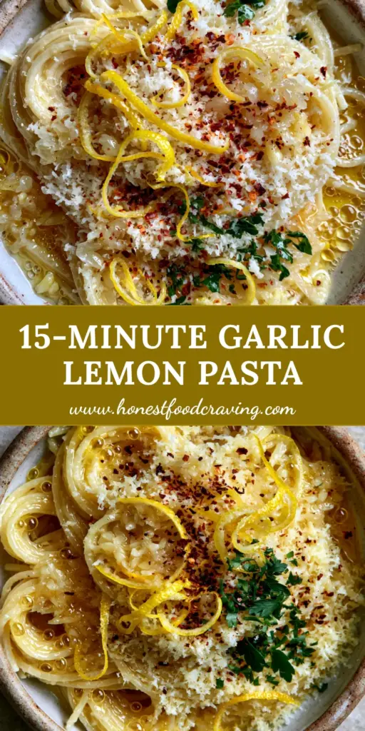 A top-down view of a shallow ceramic bowl filled with glossy Garlic lemon pasta, topped with long yellow lemon zest curls and fluffy parmesan cheese.