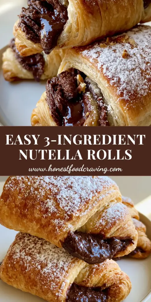Nutella Rolls: The Ultimate Flaky Chocolate Hazelnut Crescent Pastry 4 A stack of three golden-brown Nutella rolls on a modern white plate, showing flaky layers and a glossy chocolate-hazelnut filling with powdered sugar dusting.