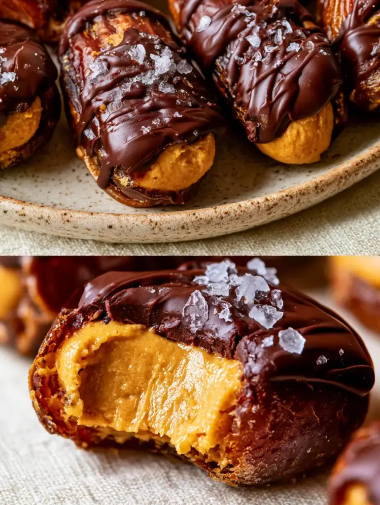 3-ingredient snacks: Easy Chocolate Peanut Butter Stuffed Medjool Dates 1 An extreme macro close-up of a 3-ingredient snack showing the creamy peanut butter center and dark chocolate drizzle.